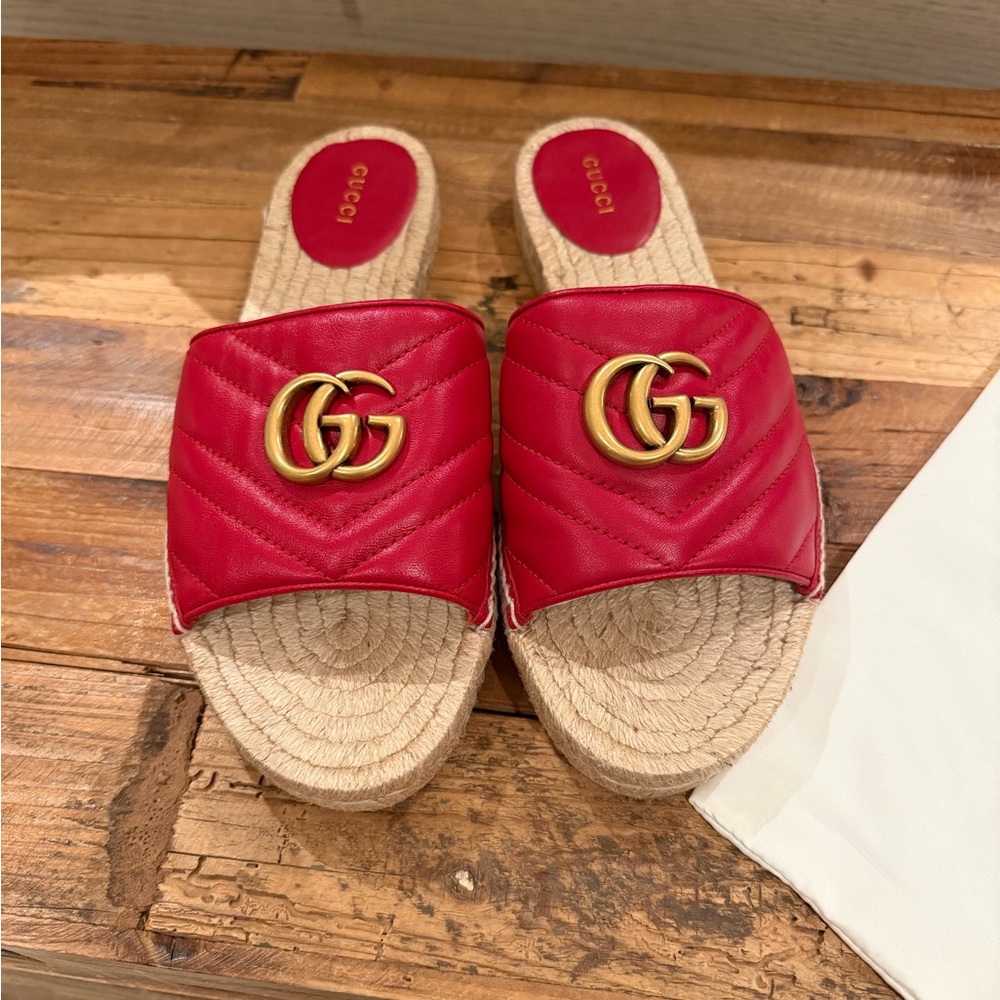 Gucci Red Leather GG Espadrille Slide Mules - Picture 3 of 5